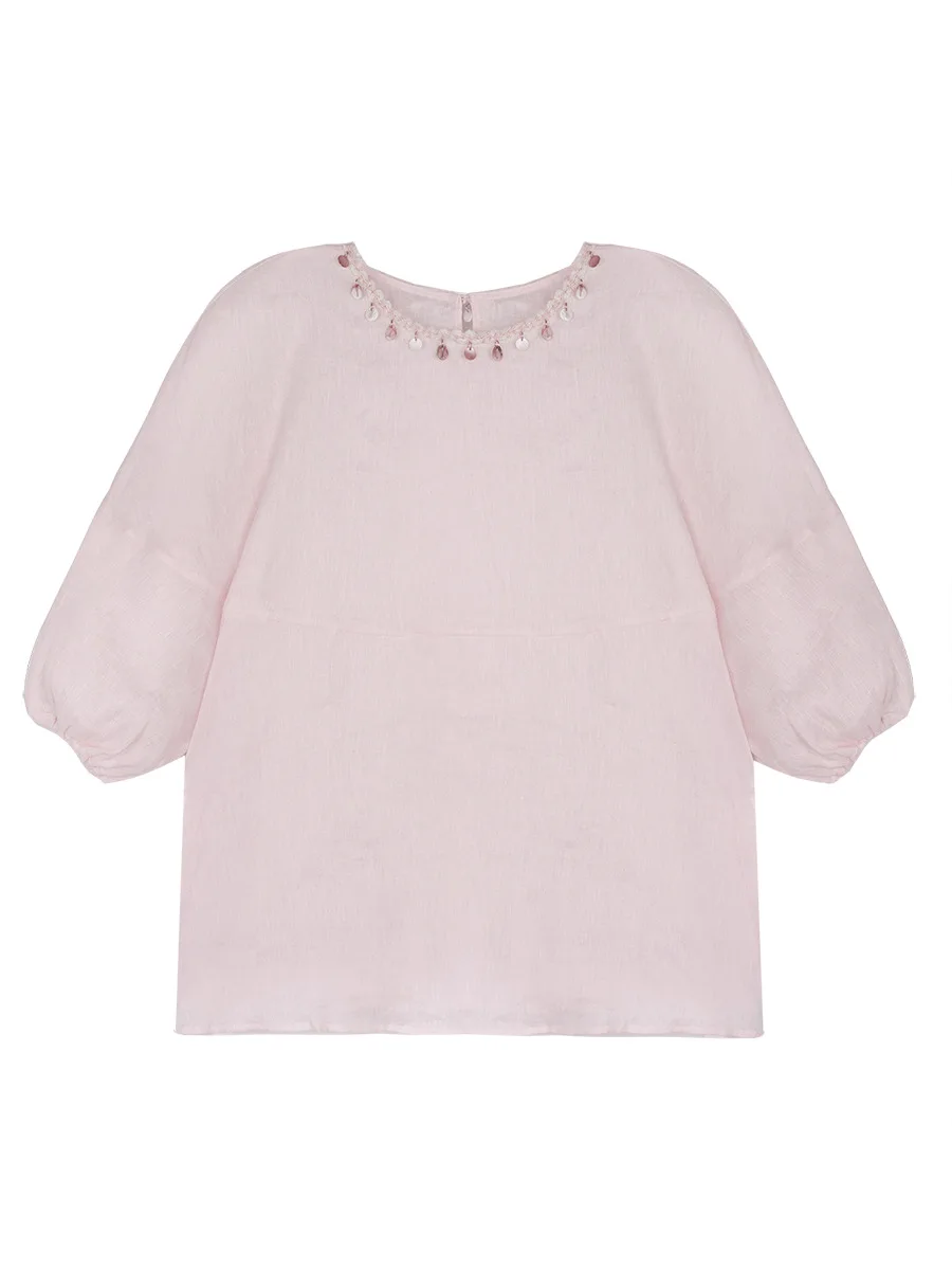 Eden's Gentle ell Embroidery Linen ort Sve Summer Top Women's Loose Fit round Ne irt Pure Color Casual Faion - AliExpress Shirts & Blouses