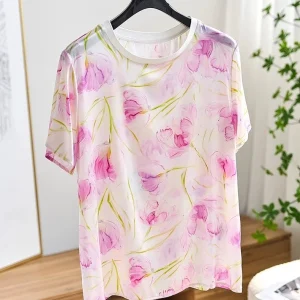 Silk ort Sve round Ne T-irt Women's Ele Floral Print Straight Cut Commute Sle Summer Faion Casual Top - AliExpress Shirts & Blouses