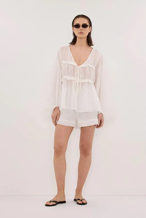 White Linen Casual V-neck Top Versatile Holiday Shirt Long Sleeve Skin-friendly Breathable Women's Classic Fit Summer 2026 - AliExpress Shirts & Blouses