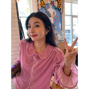 Women's Velvet Shirt Bubble Sleeve Purple New Chinese Style Top Vintage Fashion Straight Cut Long Sleeve Breathable Casual Wear - AliExpress Shirts & Blouses