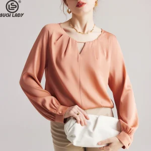 90% Natural Silk 10% Spandex Women's Blouse O Neck Long Sleeves Sexy Keyhole Fashion Blouse Tops - AliExpress Shirts & Blouses