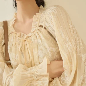 Early Spring Apricot Embroidered Bubble Sve irt Women's Sle 2026 New Design Sense Top Flowing Era Commute Sle Long S... - AliExpress Shirts & Blouses