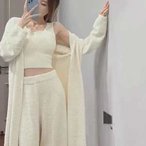 Elegant Cloudy Fairy Sleepwear Thickened Outwear Three-Piece Set Long Pants Vest Milk White Ideal for Autumn Winter Luxury Style - AliExpress Women's Sleep & Lounge