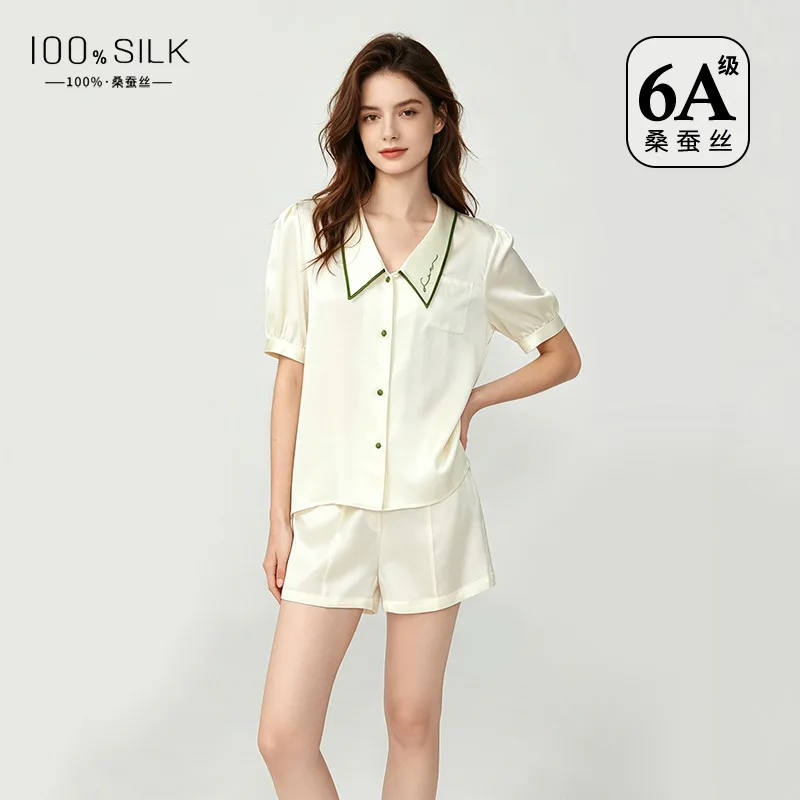 Women 100% Mulberry Silk Short Sleeve Pajama Set Doll Collar Summer Breathable Antibacterial Shorts Loungewear Home Sleepwear - AliExpress Women's Sleep & Lounge