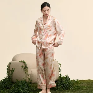 100% Real Silk Printed 2PCS/Set Sexy Nightwear Long Sleeve Lapel Cardigan & Pants Ladies Pajamas Home Wear Loose Fit Sleepwear - AliExpress Women's Sleep & Lounge