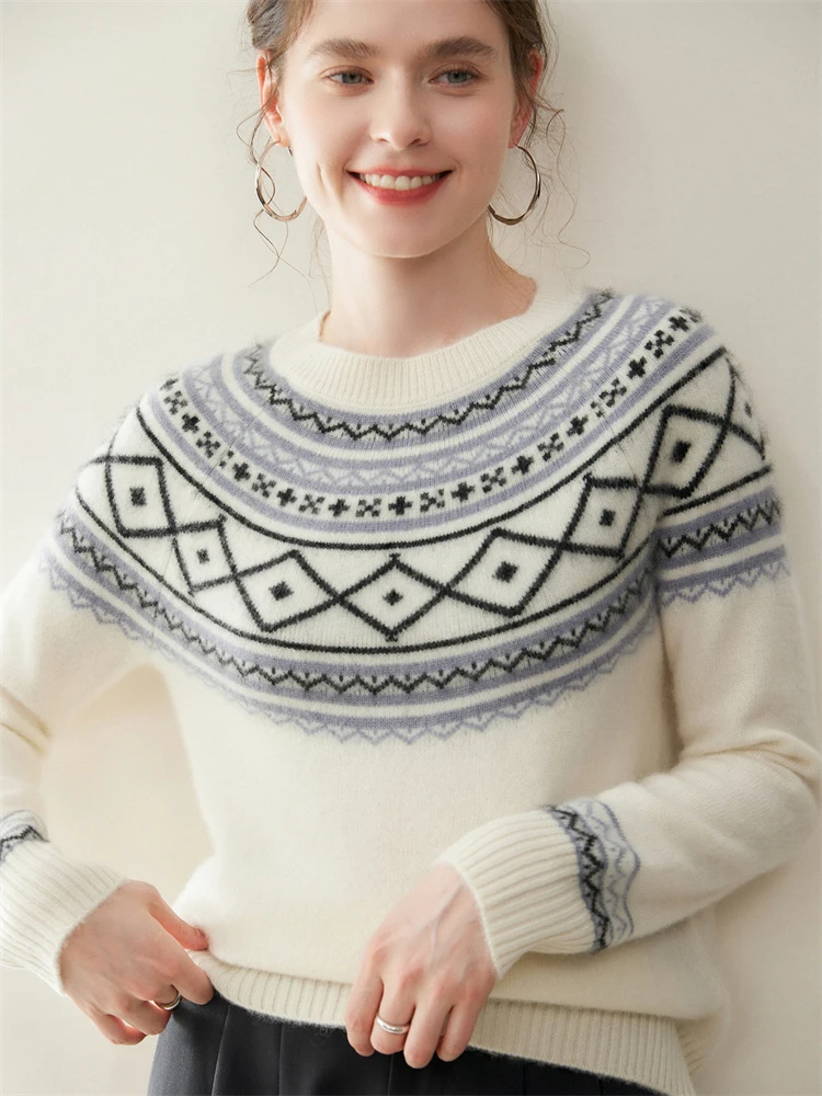 New Women's Cashmere Sweater Fair Isle Jacquard Pullover Autumn Winter Vintage Thicken 100% Cashmere Knitwear Raglan Sleeve Tops - AliExpress Sweaters&Jumpers
