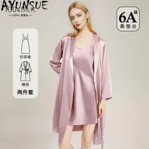 AYUNSUE 100% Silk Women's Pajamas and Robes Solid Color Pajama Sets Sleeveless Dress Long Sleeve Robe Womens Matching Sets 잠옷 - AliExpress Women's Sleep & Lounge