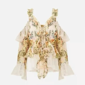 100% Silk Women Floral Print Lace Embroidery Patchwork Blouse Top Off-Shoulder Flare Sleeve Elegant lady tops - AliExpress Shirts & Blouses