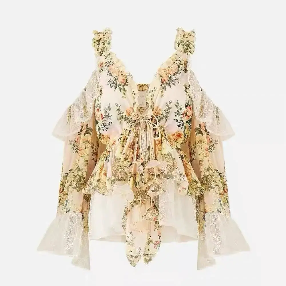 100% Silk Women Floral Print Lace Embroidery Patchwork Blouse Top Off-Shoulder Flare Sleeve Elegant lady tops - AliExpress Shirts & Blouses