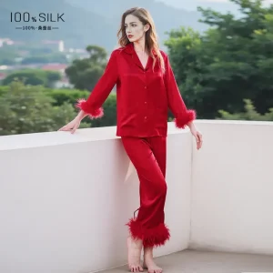 19MM 100% Mulberry Silk Women's Autumn and Winter Long Sleeve Trousers Sexy Pajamas Two Piece Set with Detachable Feather Cuff - AliExpress Women's Sleep & Lounge