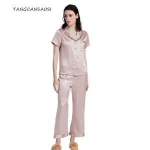 Women's Fashion Clothing 19MM 100% Natural Mulberry Silk Stain Pajama Set Short Sleeved Shirt Long Pants Casual Home Suit Set - AliExpress Women's Sleep & Lounge