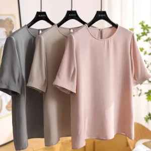 Elegant Silk Short Sleeve T-Shirt Women's Shirt Smart Design Heavyweight  Silk Casual Chic round Neck Top - AliExpress Shirts & Blouses