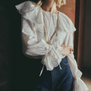 e Embroidered Lace Princ irt with Bell Sves And Stand Collar for Women Cotton Long Sve Loose Fit Daily Wear - AliExpress Shirts & Blouses
