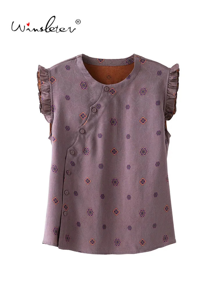 Winsleter-100%Real Silk Watered Gauze Elegant Shirt, O Neck Flying Sleeve Print, Women Retro Casual Blouse, 2026 Autumn T68763CC - AliExpress Shirts & Blouses