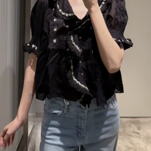 Women Floral Embroidery Blouse Ruffles Spliced V-Neck Puff Sleeve Single Breasted Casual 100% Cotton Black Shirt - AliExpress Shirts & Blouses
