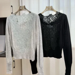 Women Lace Embroidery Patchwork Sweater V-Neck Long Sleeve Solid Color Elegant Ladies Wool Cashmere Knitted Pullover - AliExpress Sweaters&Jumpers