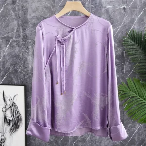 Ele Silk irt Women's Chinese Sle Collar round Sve Long Straight Cut Button Detail Asymmetric Design - AliExpress Shirts & Blouses