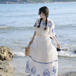 Summer Faion Blue White Embroidery Hand Painted Silk Linen Top Skirt Set Women's Busin Casual Loose Fit round Ne ort... - AliExpress Shirts & Blouses