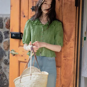 Solighter Women's ort Sve irt Gathered Waist Design Lotus Le  Detail Linen Blend Comfortable Fit Summer Faion - AliExpress Shirts & Blouses