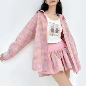 Spring Early Pink Color Block Plaid Shirt Skirt Set Women's Loose Fit Long Sleeve  Collar Fashion Outerwear Ensemble - AliExpress Shirts & Blouses