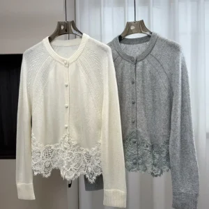 Women Lace Stitching Knitted Cardigan Round Neck Single Breasted Long Sleeve Elegant Ladies Sweater - AliExpress Sweaters&Jumpers
