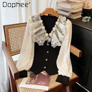 Floral Lace Ruffle V-Neck Patchwork Knitted Long Sleeve Sweater Winter New Fashion High-End Hepburn Style Socialite Cardigans - AliExpress Sweaters&Jumpers