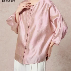 BirdTree-16MM 100%Real Silk Elegant Shirt, 3/4 Sleeve Jacquard, Women Retro Commute Thin Loose Blouse, 2026 Spring New T63742CC - AliExpress Shirts & Blouses