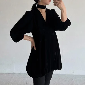 Velvet ort Dr Women's V-ne Bubble Sve Bow-knot Slimming Faionable Autumn Winter Commute Dr Bla Color - AliExpress Shirts & Blouses