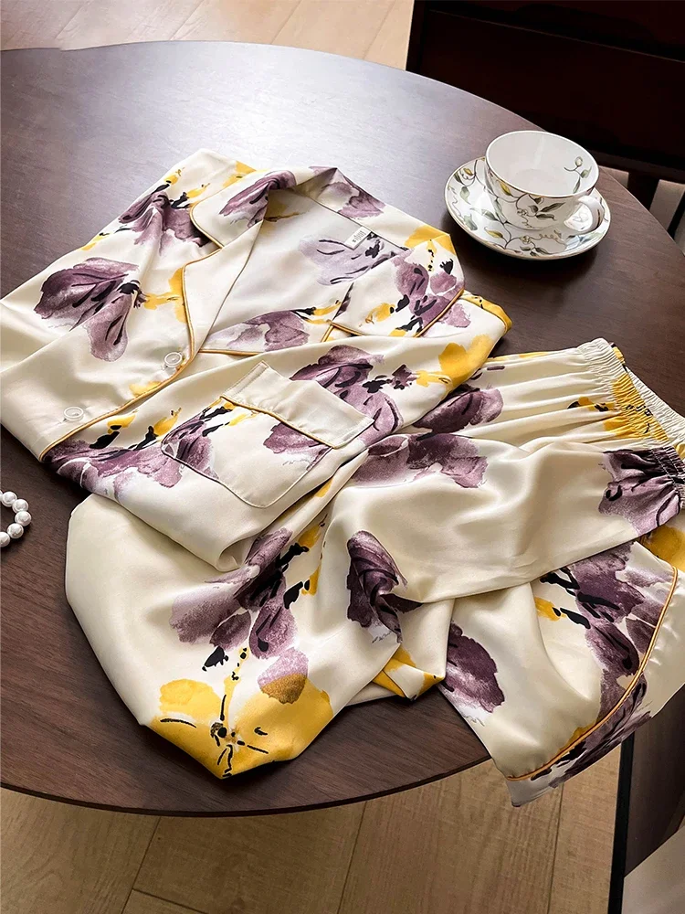 New high-quality silk pajamas, short sleeved pants set, home clothes printed - AliExpress Women's Sleep & Lounge