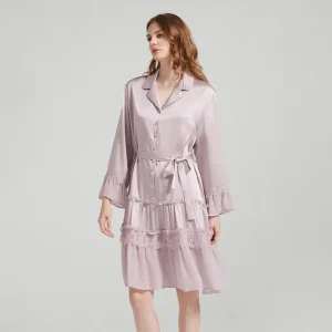 100% Mulberry Silk Belted Nightdress Cake Skirt Elegant Sleepdress Pajama Long Sleeve Nightshirt Ruffled Lace Princess Nightgown - AliExpress Women's Sleep & Lounge