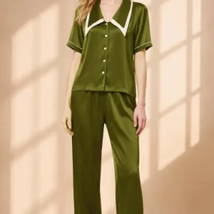 Aisha 6A Grade 19 Momme 100% Mulberry Silk Pajama Set for Women, Short Sleeve Contrast Trim Notched Collar Luxury Loungewear, Loose Breathable 2-Piece Sleepwear Set - AliExpress Women's Sleep & Lounge