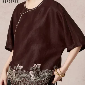 BirdTree-19MM 100%Real Silk Watered Gauze Elegant Shirt, Batwing Sleeve Embroidery, Women Retro Blouse, 2026 Summer New T63743CC - AliExpress Shirts & Blouses