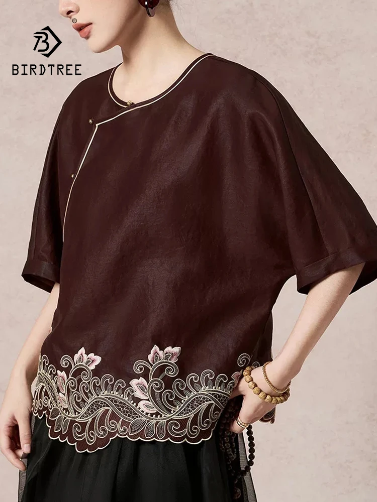 BirdTree-19MM 100%Real Silk Watered Gauze Elegant Shirt, Batwing Sleeve Embroidery, Women Retro Blouse, 2026 Summer New T63743CC - AliExpress Shirts & Blouses