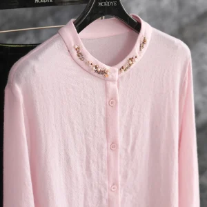 Original Design Woolen Shirt Jacket Long Sleeve Precision Spun 100 Wool Mid-Length Stand Collar Beaded Embroidery Pink Women'... - AliExpress Shirts & Blouses