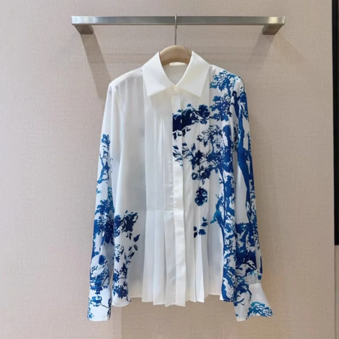 Women's Summer Asymmetric Blue and White Porcelain Pleated Blouse - AliExpress Shirts & Blouses