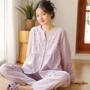 2026 New Autumn Women Pure Cotton Pajama Set Sweet Embroidery Notch Long Sleeve Loose Loungewear Soft Skin Friendly Sleepwear - AliExpress Women's Sleep & Lounge