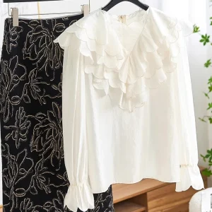 Romantic V-neck White Bell Sleeve Shirt French Style Stand-up Collar Gathered Decoration Luxury Women's Premium Fashion Shirt - AliExpress Shirts & Blouses