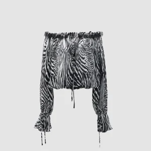 2026 Women's Zebra Print Off Shoulder Blouse | Pleated Lace Trim Tie Front Long Sleeve Ruffle Cuff Crop Top - AliExpress Shirts & Blouses