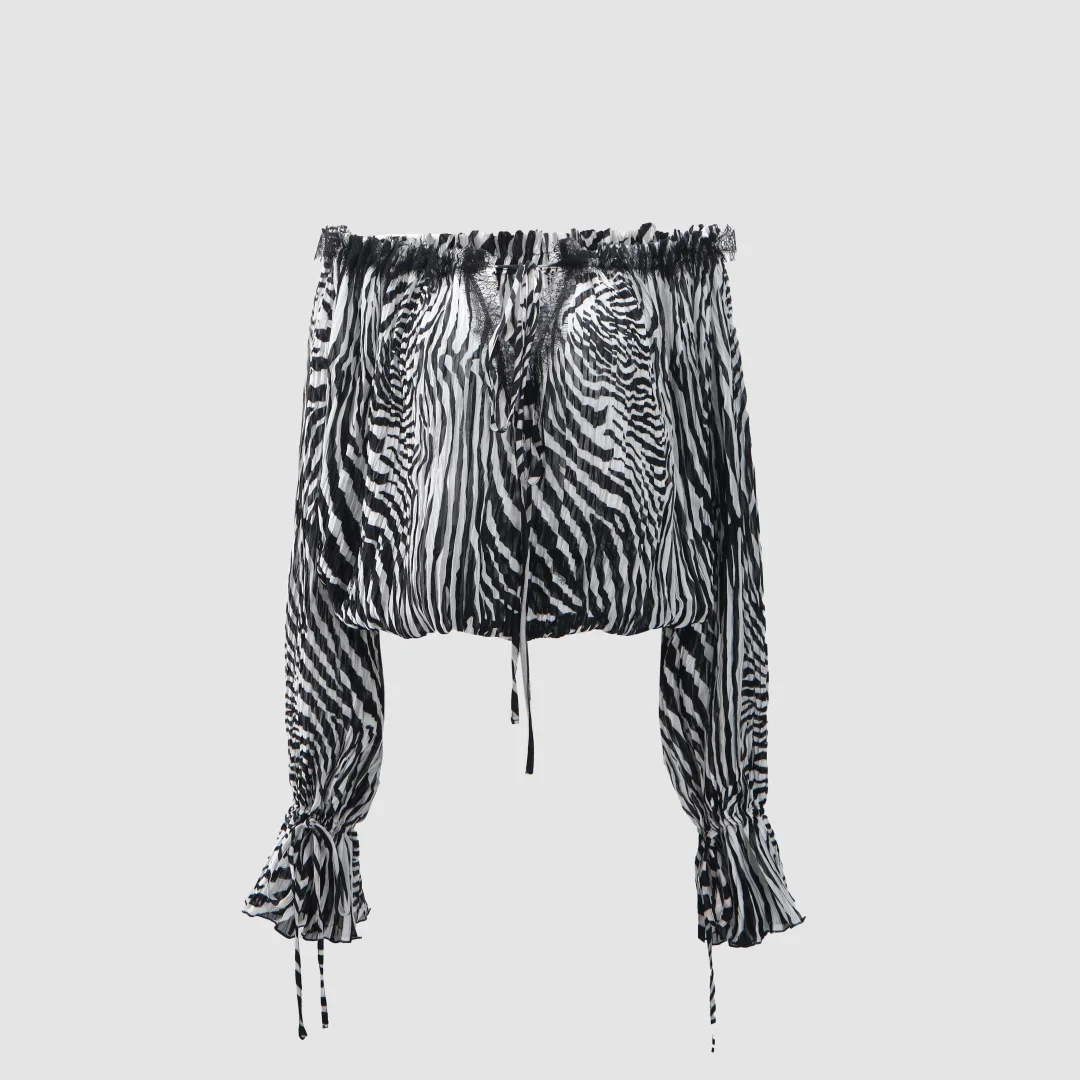 2026 Women's Zebra Print Off Shoulder Blouse | Pleated Lace Trim Tie Front Long Sleeve Ruffle Cuff Crop Top - AliExpress Shirts & Blouses