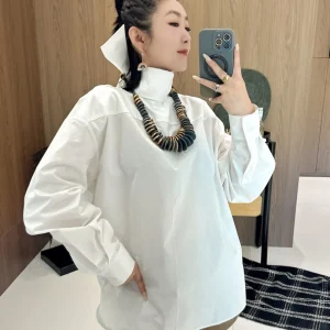 Versatile Double-Sided Long-Sleeve High-Neck Loose Fit Shirt Women's Spring Summer New Style Cotton 100% Belted Shirt - AliExpress Shirts & Blouses