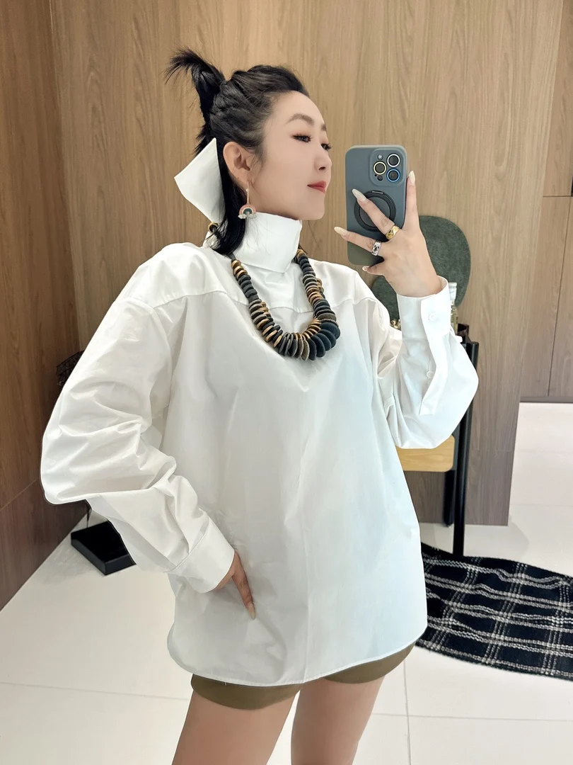 Versatile Double-Sided Long-Sleeve High-Neck Loose Fit Shirt Women's Spring Summer New Style Cotton 100% Belted Shirt - AliExpress Shirts & Blouses
