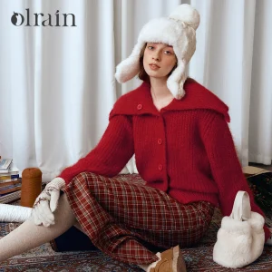 OLrain Women's Wool Blend Winter Sweater Red Fashion Casual Oversize Lapel Piqué Jacquard Textured Knit Cardigan O57DM003615 - AliExpress Sweaters&Jumpers