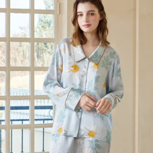 Women's Daisy Print Silk Pajamas Set Long Sleeve Top & Pants 100% Mulberry Silk Pajama Sleepwear Spring Homewear Loungewear PJs - AliExpress Women's Sleep & Lounge