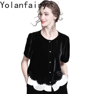YOLANFAIRY Autumn Real Mulberry Silk Velvet Shirts for Women High-end Patchwork Elegant T Shirt Short Sleeve Black Shirts Female - AliExpress Shirts & Blouses