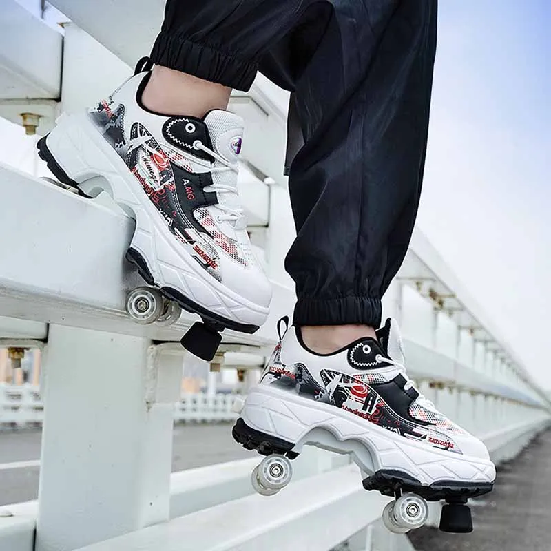4 Wheel Roller Skate Shoes Women Man Telescopic Deformation Shoes With Brakes Boy Fashion Adjustable Rolling Skates Sneakers - AliExpress Kids Shoes