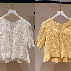 Summer Comfortable Pure Color Women's Shirt V-neck French Style Cotton Bubble Sleeve Single Button Pleated Top for Ladies - AliExpress Shirts & Blouses