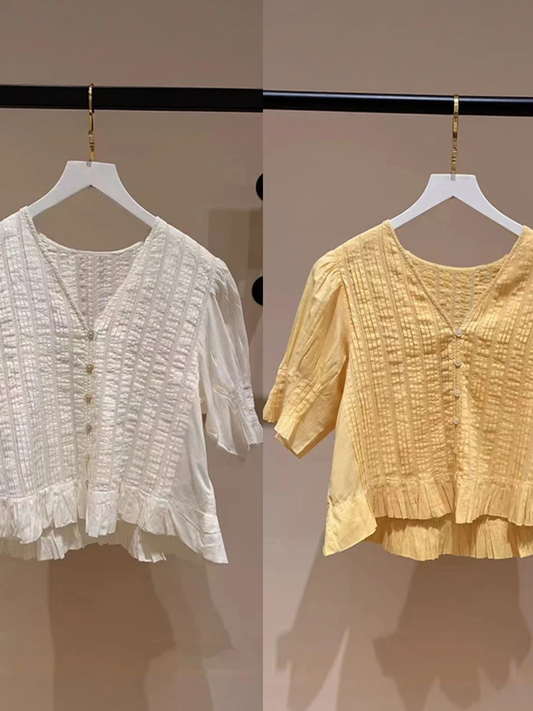 Summer Comfortable Pure Color Women's Shirt V-neck French Style Cotton Bubble Sleeve Single Button Pleated Top for Ladies - AliExpress Shirts & Blouses