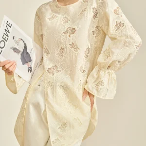 Flowing Era Pear Color Hollow out Embroidered irt Asymmetrical Hem Design Women's Spring Long Sve Knitted Polyester Blouse - AliExpress Shirts & Blouses