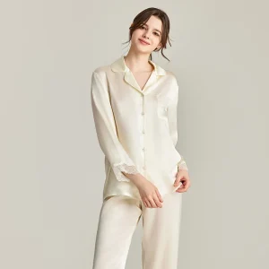 22MM 100% Real Silk Pajama Loungewear Lace Trim Lapel Sleepwear Pyjamas Set Solid Color Long Sleeve Button Pajamas for Women PJS - AliExpress Women's Sleep & Lounge