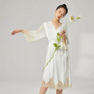Women 19 Momme 100% Mulberry Silk Robe Luxury French Lace Trim V Neck 3/4 Flare Sleeve Belted Bathrobe Elegant Bridal Loungewear - AliExpress Women's Sleep & Lounge
